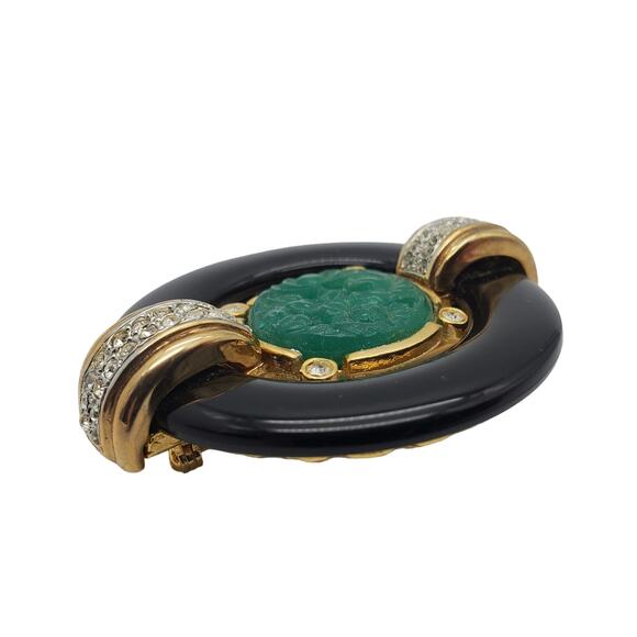 Gem Craft Green & Black Brooch Deco Carved Stone Pave Crystal Faux Jade Pin Vtg - Picture 5 of 8